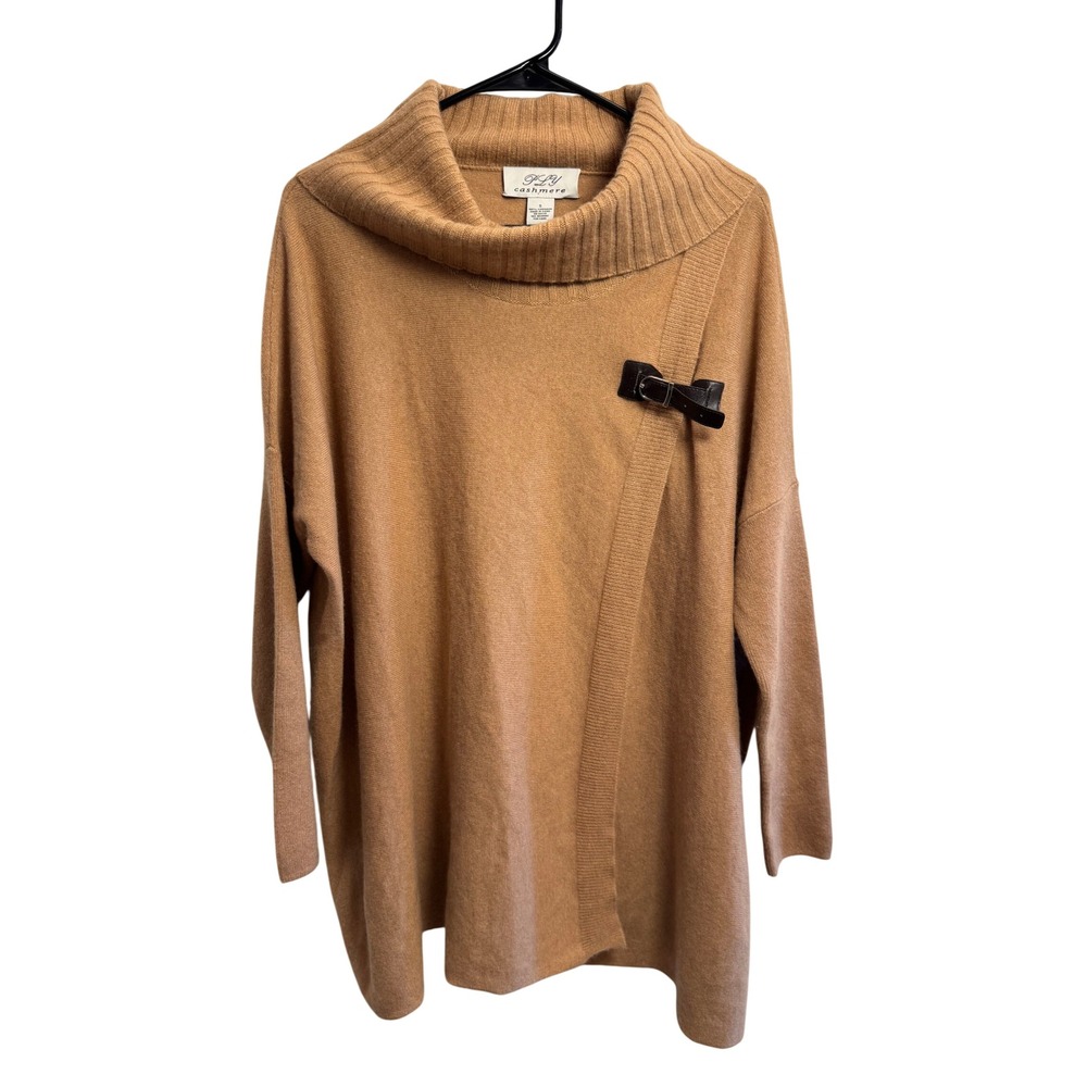 PLY 100% Cashmere Women's Size S Camel Cowl Neck Asymmetrical Buckle Tan Sweater